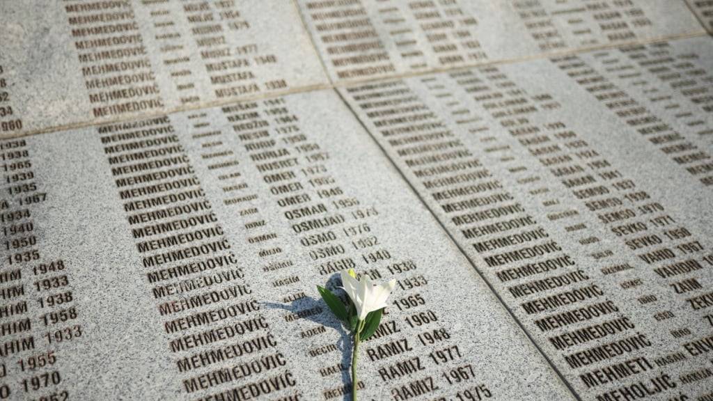 Eine Blume steht auf einem Denkmal mit den Namen der Opfer des Völkermords von Srebrenica im Gedenkzentrum, vor einer Gedenkveranstaltungen zum 30. Jahrestag des Massakers von Srebrenica. Foto: Armin Durgut/AP/dpa