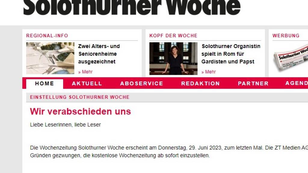 Mit einer Mitteilung auf der Homepage verabschieden sich Verlag und Redaktion der «Solothurner Woche» von den Leserinnen und Lesern.