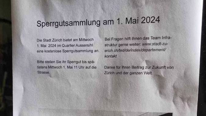 Stadt Zürich warnt vor Fake-Entsorgungs-Flyern zum 1. Mai