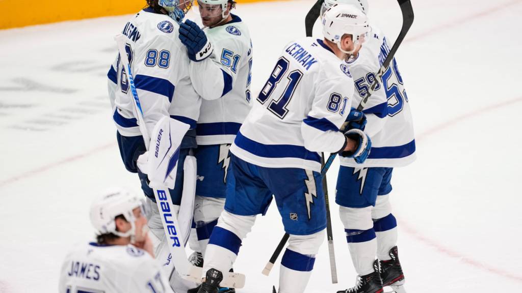 Die Spieler der Tampa Bay Lightning feiern den klaren Auswärtssieg gegen die Dallas Stars