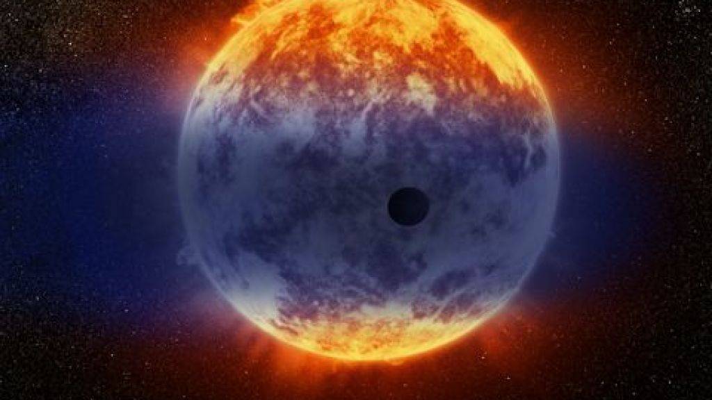 Die künstlerische Darstellung zeigt eine Wasserstoffwolke, die vom Exoplaneten GJ3470b strömt.