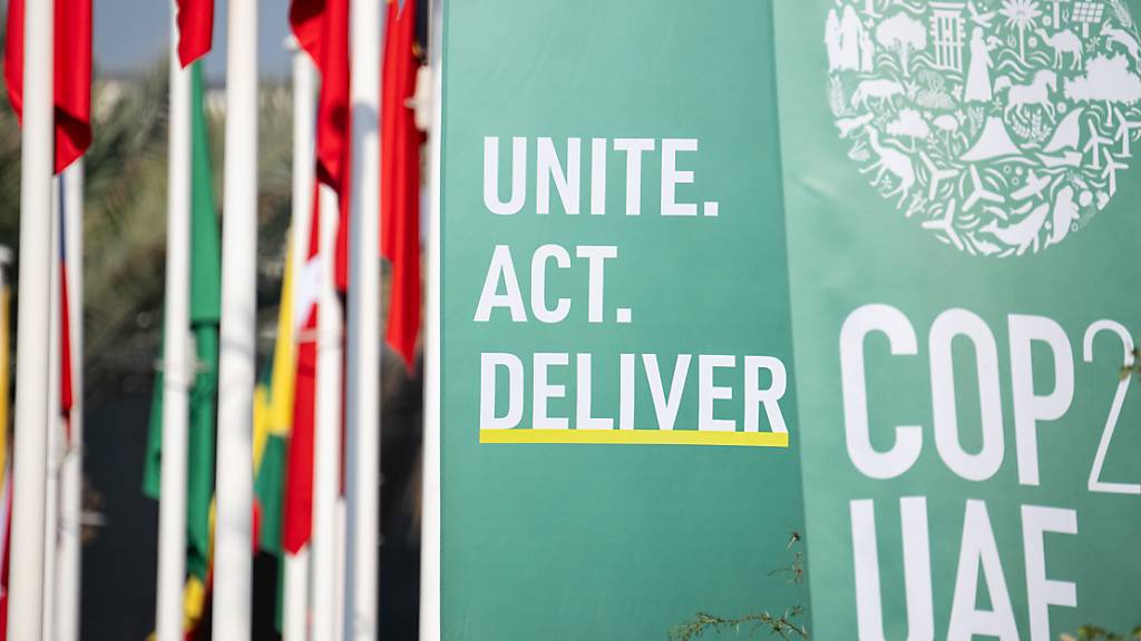 «Unite.Act.Deliver» und «COP28UAE» steht auf zwei Fahnen. OIn diesem Jahr findet die Weltklimakonferenz in Dubai statt. Foto: Hannes P. Albert/dpa