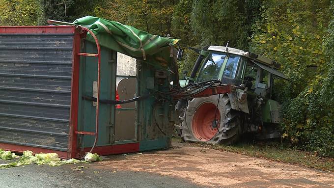 Überall liegt Salat: Traktoranhänger kippt in Stammheim um