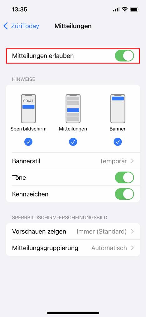 Tippe hier auf «Mitteilungen erlauben»