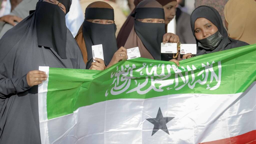ARCHIV - Menschen zeigen die somaliländische Flagge, während sie darauf warten, ihre Stimme während der somaliländischen Präsidentschaftswahlen 2024 in einem Wahllokal abzugeben. Foto: Abdirahman Aleeli/AP/dpa