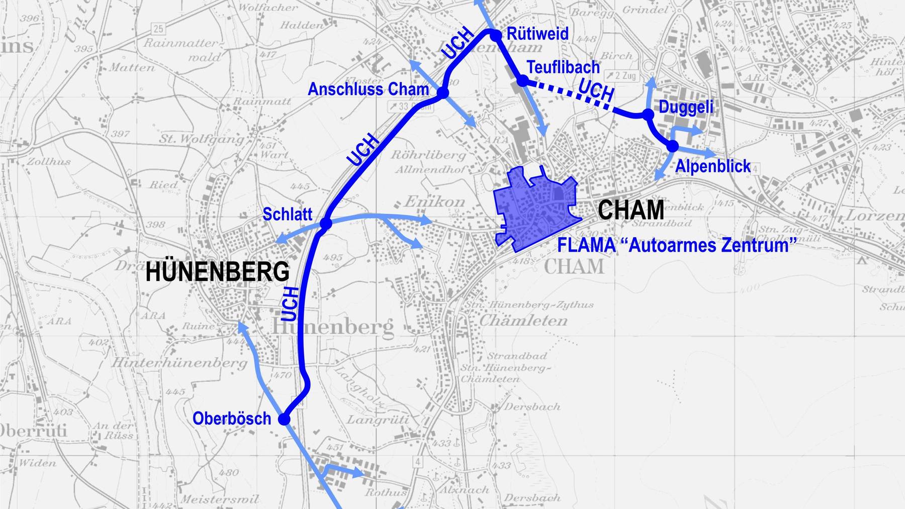 Die Umfahrungsstrasse Cham-Hünenberg auf der Karte