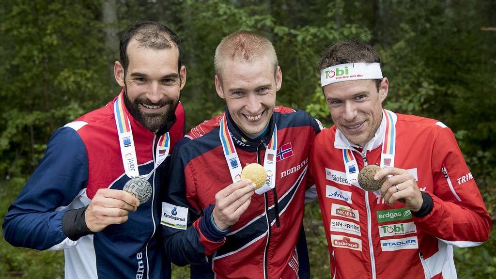 Thierry Gueorgiou aus Frankreich mit Gold (links), Olav Lundanes aus Norwegen mit Silber (Mitte) und der Thurgauer Daniel Hubmann mit Bronze (rechts).