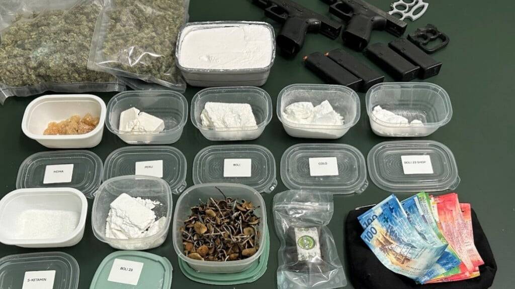 Bei einer Hausdurchsuchung stellte die Stadtpolizei Winterthur am Dienstag grössere Mengen verschiedener Drogen sowie Waffen und Bargeld sicher.