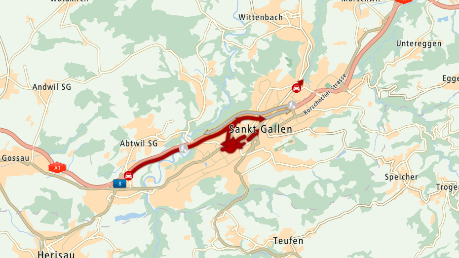 Nach einem Unfall im Rosenbergtunnel staut es auf der Autobahn und auch in der Stadt sind die Strassen verstopft.