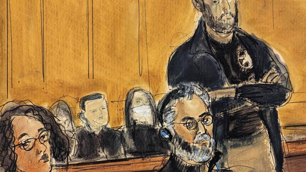 ARCHIV - Auf dieser Skizze aus dem Gerichtssaal sind Guo Wengui (sitzend, M) und seine Anwältin Tamara Giwa (l) vor einem Bundesgericht in New York dargestellt.) Foto: Elizabeth Williams/AP/dpa