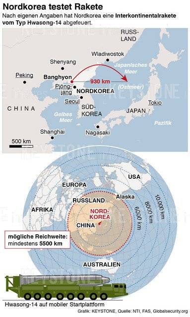 Die mögliche Reichweite der Koreanischen Raketen.
 (KEYSTONE/Heike Pietsch)