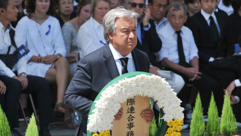 Uno-Generalsekretär Antonio Guterres bei der Gedenkfeier für die Opfer des Atombombenabwurfs vor 73 Jahren im japanischen Nagasaki.
