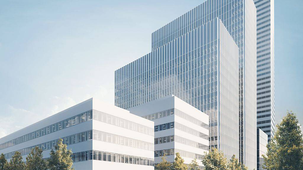 In unmittelbarer Nachbarschaft zum im Bau befindlichen Büroturm (im Hintergrund) baut Roche ein neues Forschungszentrum mit vier unterschiedlich hohen Neubauten.