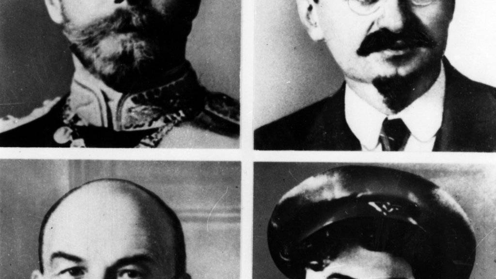 Die vier Schlüsselfiguren im Russland des Revolutionsjahres 1917 - und danach (von links oben im Uhrzeigersinn): Zar Nikolaus II., Leo Trotzki, Josef Stalin und Wladimir Lenin.