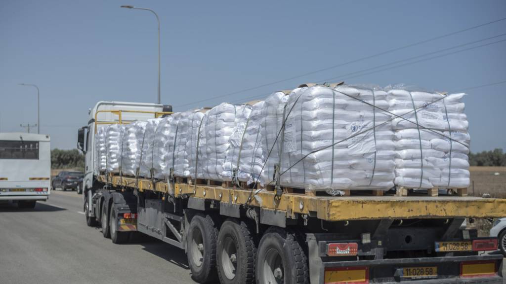 Lastwagen mit dem Logo des Welternährungsprogramms liefern Hilfsgüter über den Grenzübergang Kerem Shalom nach Gaza. Foto: ILIA YEFIMOVICH/dpa