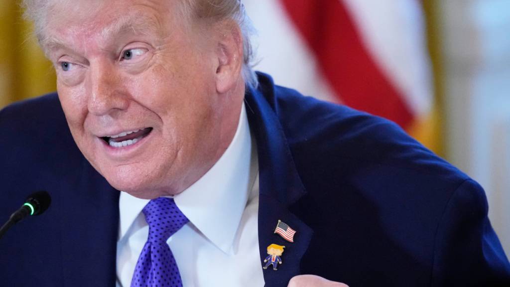 US-Präsident Donald Trump trägt ein Geschenk, das er «Happy Trump»-Anstecknadel nennt, während eines Treffens mit Ölmanagern im East Room des Weißen Hauses. Foto: Alex Brandon/AP/dpa