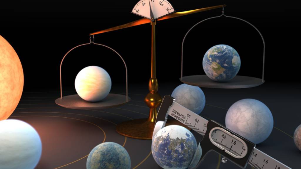 Künstlerische Darstellung des Trappist-1-Planetensystems: Das System beherbergt die grösste Ansammlung von etwa erdgrossen Planeten, die gemäss einer neuen Studie erstaunlich ähnliche Dichten aufweisen.