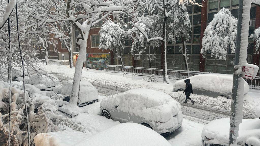dpatopbilder - Schnee liegt hoch auf Autos in einer Straße in New York. Ein heftiger Schneesturm zieht über den Nordosten der USA hinweg. Foto: Christina Horsten/dpa