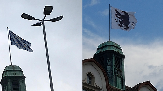 Ungewohntes Bild für Facebook-User: Die Europafahne am 5. Mai (links). Normalerweise weht am Ausserrhoder Regierungsgebäude das Kantonswappen.
