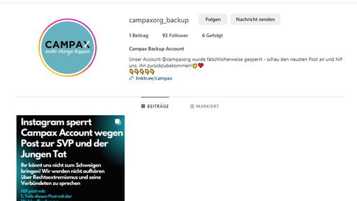 Instagram sperrt Account der «Bürger*innen-Bewegung» Campax