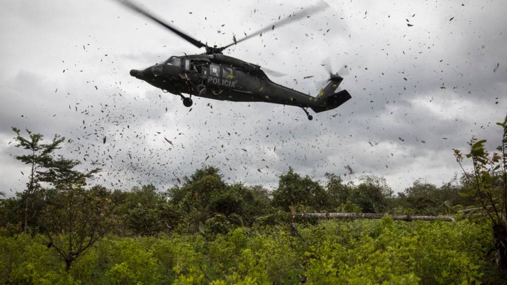 ARCHIV - Ein Polizeihubschrauber landet auf einer Kokaplantage während einer Vernichtungsaktion in Tumaco, im Südwesten Kolumbiens. Mutmaßlich Kriminelle haben im Norden von Kolumbien einen Polizeihubschrauber abgeschossen. Foto: Ivan Valencia/AP/dpa