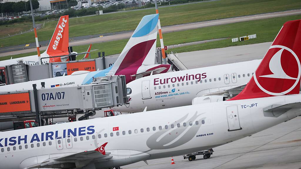 ARCHIV - Maschinen verschiedener Fluggesellschaften stehen am Flughafen Hamburg auf dem Vorfeld und an den Terminals (Archivbild). Foto: Christian Charisius/dpa