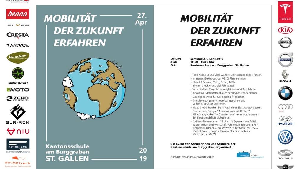 Elektroautos testen und Diskussionen zu Car-Sharing lauschen: Das bietet der Tag der «Mobilität der Zukunft» an der Kanti St.Gallen. (Flyer: pd)