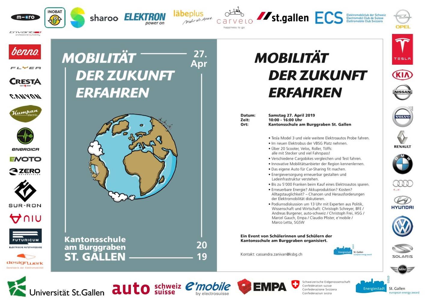 Elektroautos testen und Diskussionen zu Car-Sharing lauschen: Das bietet der Tag der «Mobilität der Zukunft» an der Kanti St.Gallen. (Flyer: pd)