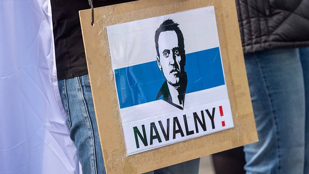 ARCHIV - Ein Mann trägt ein Schild mit dem aufgedruckten Gesicht des verstorbenen Regimegegners Alexej Nawalny. Foto: Thomas Banneyer/dpa