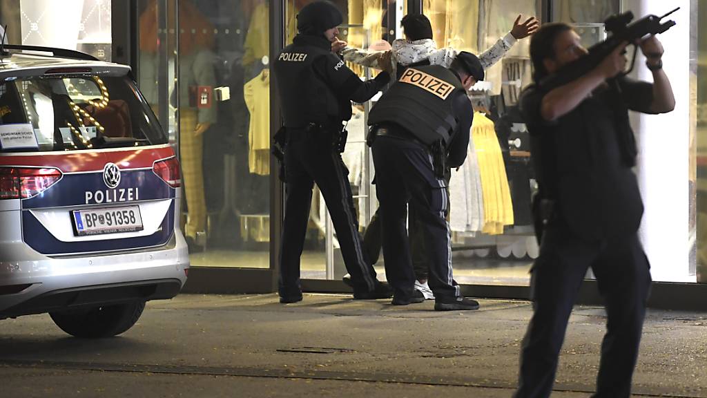 ARCHIV - Schwerbewaffnete Einsatzkräfte kontrollieren in der Wiener Innenstadt eine Person. Ein Terroranschlag im vergangenen November endete mit 4 Todesopfern und 20 Verletzten. Foto: Roland Schlager/APA/dpa