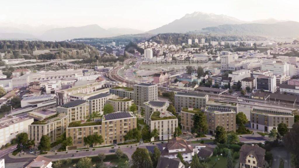 Das gemäss Richtplan geplante neue Quartier beim Bahnhof Emmenbrücke aus der Vogelperspektive.