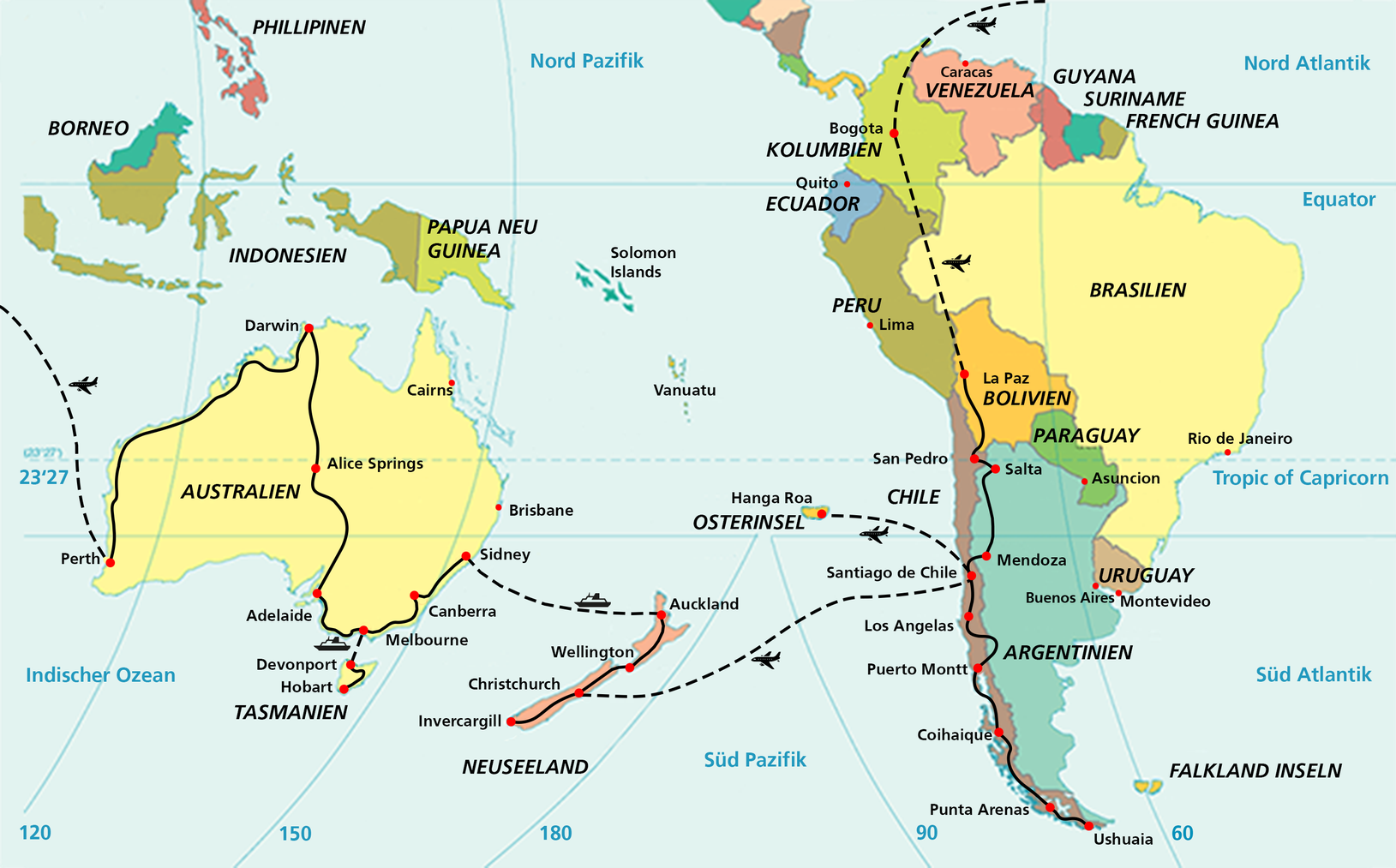 Die Reiseroute der Zentralbiker führt von Südamerika nach Australien. Ein Jahr ist für die Reise geplant.