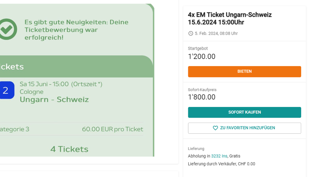 EM-Tickets 2024 für das Spiel Ungarn-Schweiz werden auf Ricardo verkauft