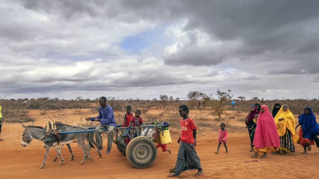 ARCHIV - Menschen kommen in einem Vertriebenenlager an - sie wurden wegen der Dürre aus ihren angestammten Regionen vertrieben. Foto: Jerome Delay/AP/dpa