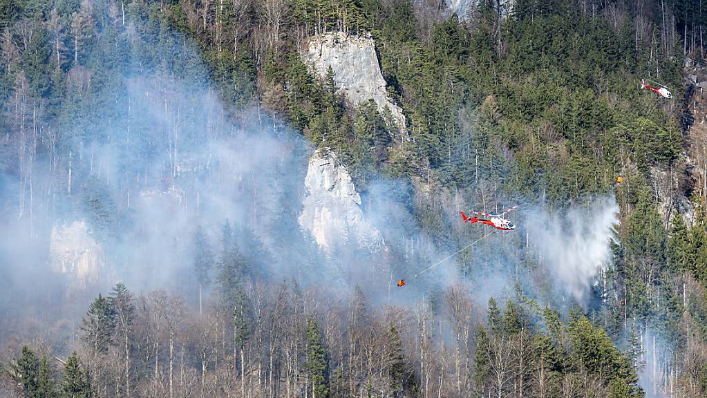 Helikopter und Feuerwehren bekämpfen seit Sonntagmittag einen Waldbrand bei Meiringen. Starker Föhn erschwert die Löscharbeiten.
