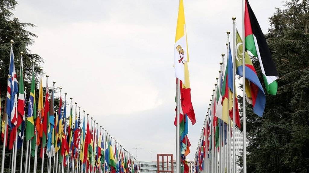 Die Flaggen Palästinas und des Vatikans (vorne) am Dienstag vor dem UNO-Sitz in Genf.