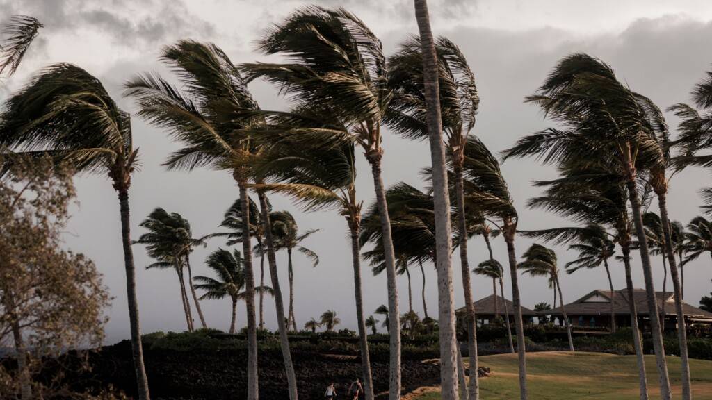 Menschen spazieren auf einem Weg im Waikoloa Beach Resort entlang, während sich der Tropensturm Lala auf der Big Island von Hawaii verstärkt. Foto: Stephen Lam/San Francisco Chronicle/AP/dpa - ACHTUNG: Nur zur redaktionellen Verwendung und nur mit vollständiger Nennung des vorstehenden Credits