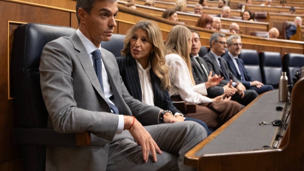 Spaniens Ministerpr‰sident Pedro S·nchez (l), und die zweite stellvertretende Ministerpr‰sidentin und Ministerin f¸r Arbeit und Sozialwirtschaft, Yolanda DÌaz (2.v.l), nehmen an einer Plenarsitzung im Abgeordnetenhaus teil. Foto: Eduardo Parra/EUROPA PRESS/dpa