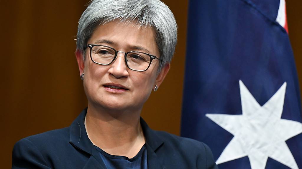 Australian Foreign Minister Penny Wong speaks to the media during a press conference at the conclusion of the Singapore-Australia Joint Ministerial Committee meeting at Parliament House in Canberra, Monday, May 1, 2023. (AAP Image/Lukas Coch) NO ARCHIVING