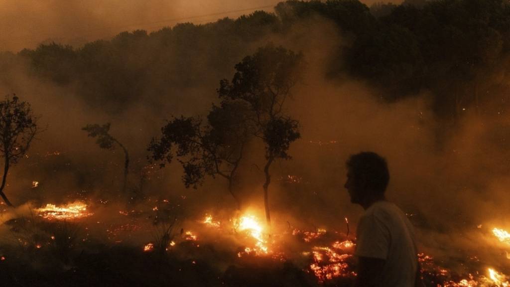 Ein Mann geht nahe der Flammen eines brennenden Waldes im Dorf Dikela in der Nähe der Stadt Alexandroupolis. Foto: Achilleas Chiras/AP/dpa