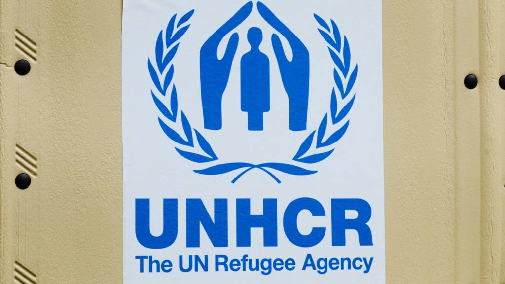 ARCHIV - Das UNHCR-Logo klebt an einer Selbstbau-Hütte der UNHCR. Foto: Annette Riedl/dpa