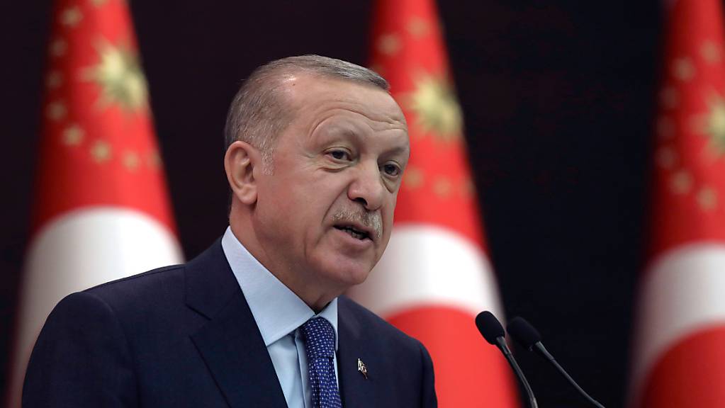 ARCHIV - Recep Tayyip Erdogan, Präsident der Türkei, spricht bei einer Pressekonferenz. Im Streit um die Inhaftierung des Kulturförderers Osman Kavala hat die Türkei hat die Botschafter Deutschlands, der USA und mehrerer anderer Staaten zu unerwünschten Personen erklärt. Foto: Burhan Ozbilici/AP/dpa