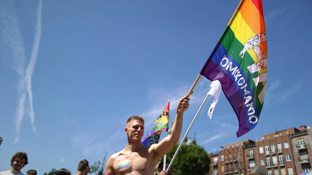 Ein Teilnehmer des Pride-Marsches schwenkt eine Regenbogenfahne. Foto: Rudolf Karancsi/AP/dpa
