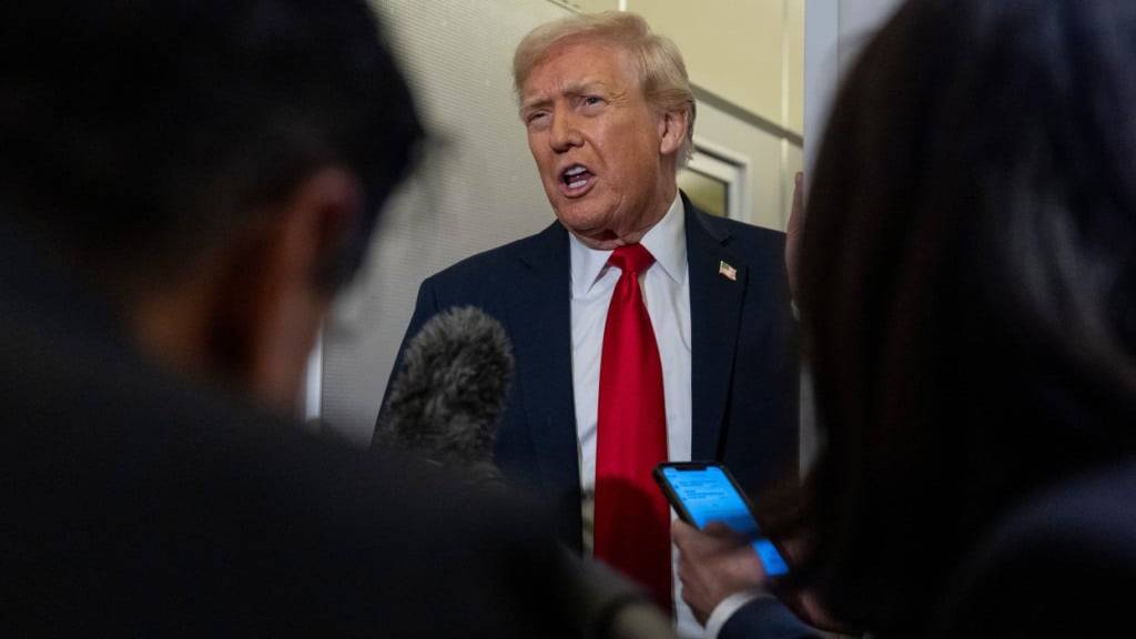 US-Präsident Donald Trump spricht mit Reportern in der Air Force One, Foto: Alex Brandon/AP/dpa