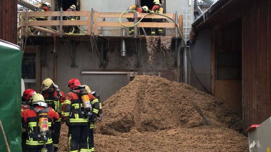 Feuerwehrleute löschen die Glut in den Holzschnitzeln und Holzspänen des Schüpfener Silos.