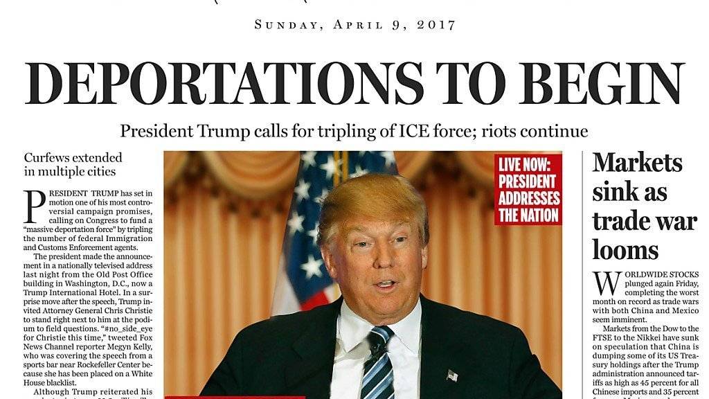 Was wäre, wenn Donald Trump in einem Jahr US-Präsident wäre: Die Zeitung «Boston Globe» wagt mit einer fiktiven Frontseite einen Blick in die Zukunft.