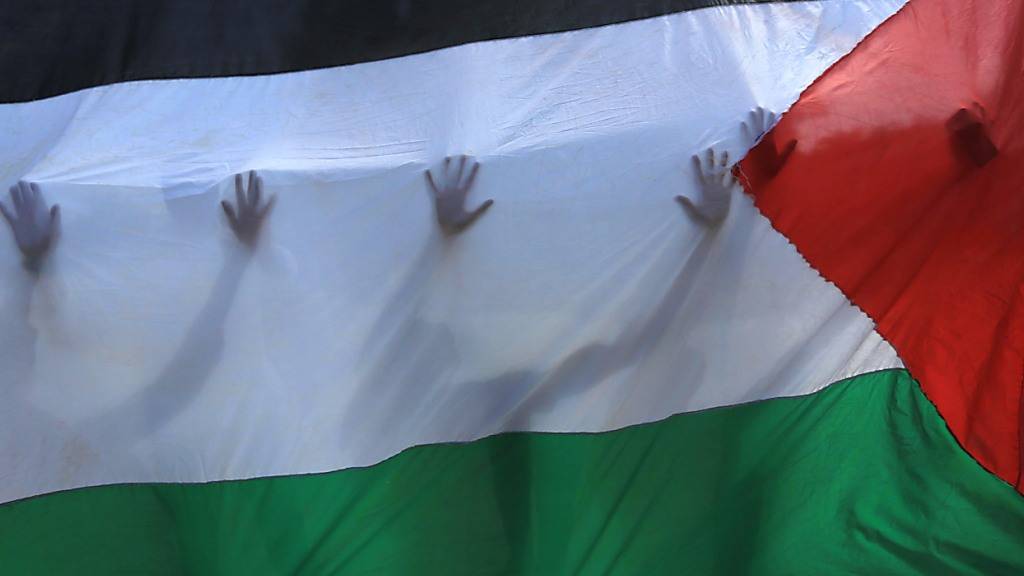 ARCHIV - Palästinensische Freiwillige stehen hinter einer palästinensischen Fahne, durch die ihre Silhouetten zu erkennen sind. Foto: Ashraf Amra/Zuma/dpa