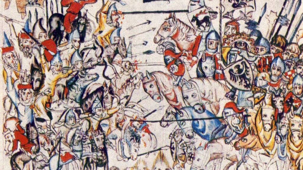 Mittelalterliche Darstellung der Schlacht der mongolischen Armee 1241 nach Christus bei Legnica in Polen.