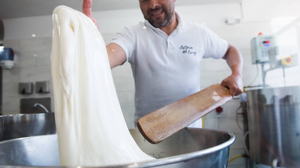 Antonio Taccogna bei der Herstellung von Mozzarella in der Molkerei «Latteria del Borgo» in Faido.