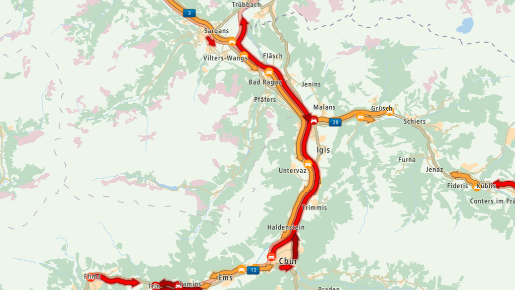 Auf den Strassen um die Stadt Chur brauchten die Autofahrer viel Geduld. (Bild: Screenshot TomTom MyDrive)